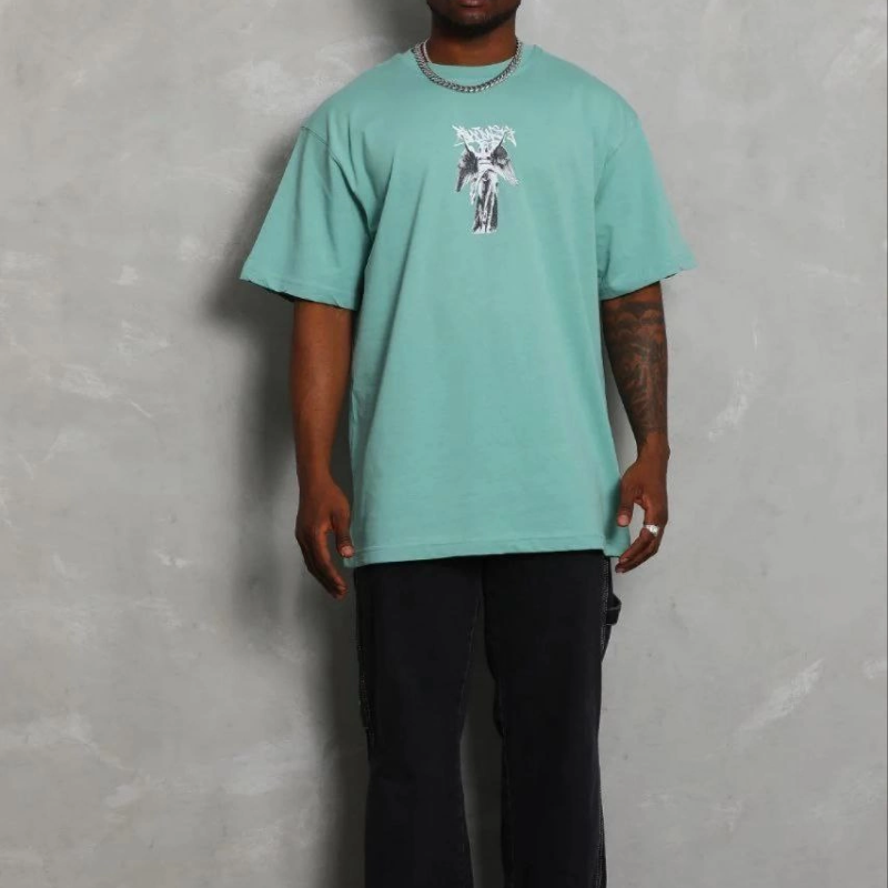 Erkek Baskılı T-Shirt Kısa Kol Bisiklet Yaka Regular Fit Tişört - Mint Yeşili