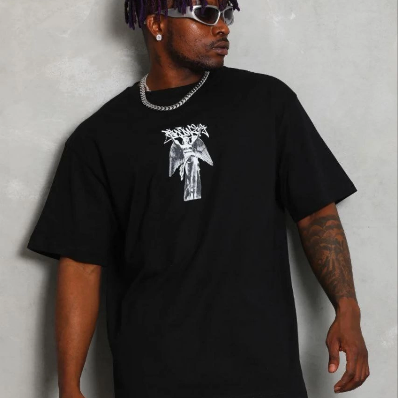 Erkek Baskılı T-Shirt Kısa Kol Bisiklet Yaka Regular Fit Tişört - Siyah