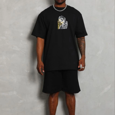 Erkek Baskılı T-Shirt Kısa Kol Bisiklet Yaka Regular Fit Tişört - Siyah