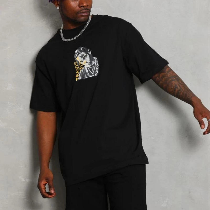 Erkek Baskılı T-Shirt Kısa Kol Bisiklet Yaka Regular Fit Tişört - Siyah