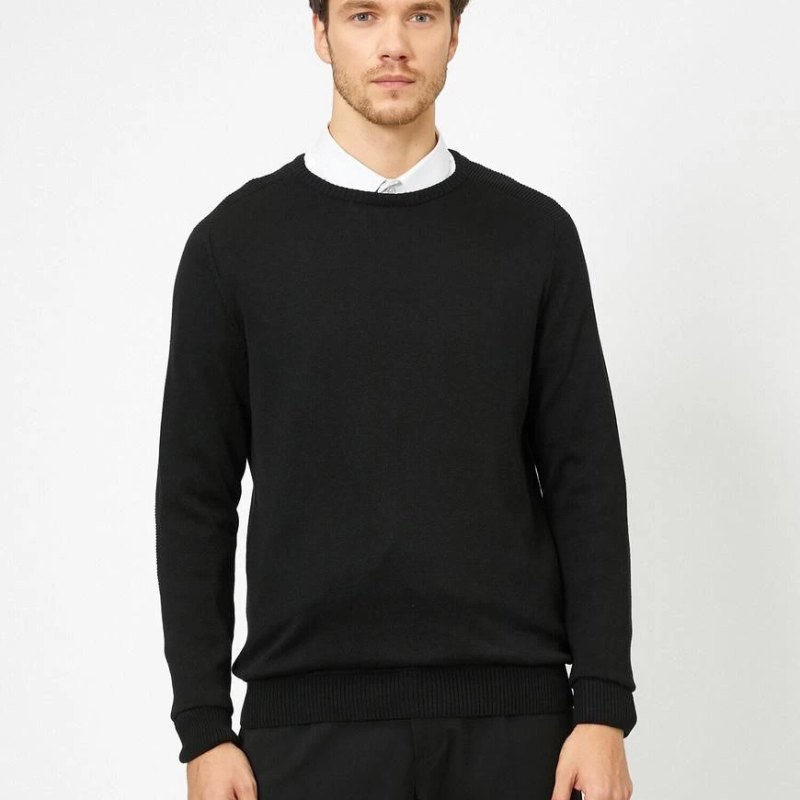 Erkek Bisiklet yaka Kazak Uzun Kol Dokuma Triko - Siyah