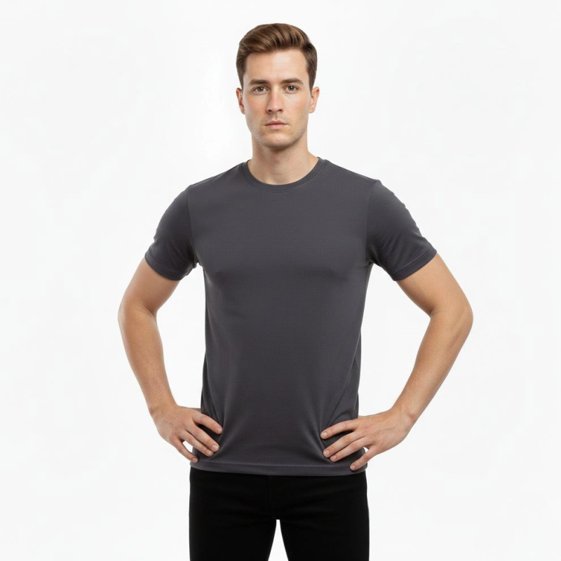 Erkek Bisiklet Yaka Slim Fit dar kesim Likralı Tişört - Füme