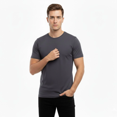 Erkek Bisiklet Yaka Slim Fit dar kesim Likralı Tişört - Füme