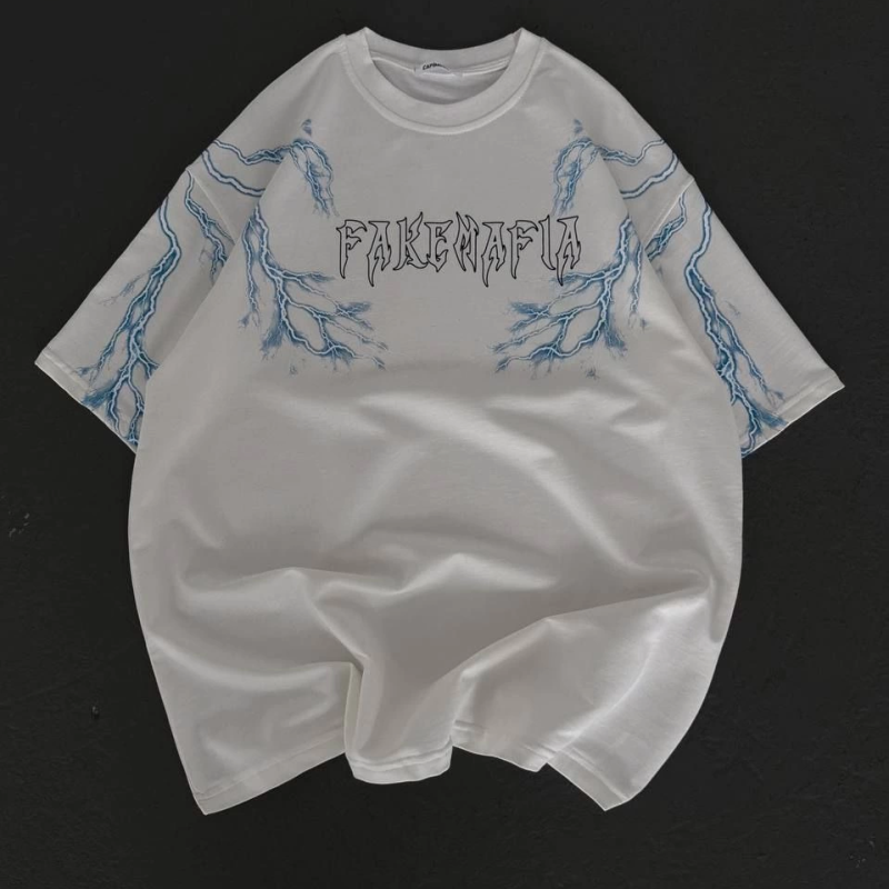 Erkek Bisiklet Yaka Tişört Yıldırım Şimşek Baskılı Kısa Kol T-Shirt - Beyaz