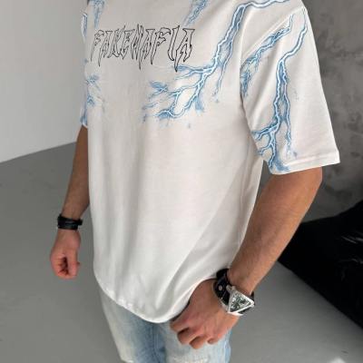 Erkek Bisiklet Yaka Tişört Yıldırım Şimşek Baskılı Kısa Kol T-Shirt - Beyaz