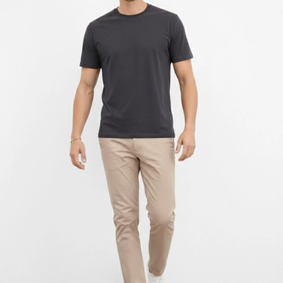 Erkek Bisiklet Yaka Yazlık Kısa kol Düz Tişört Regular Kalıp T-shirt - Füme