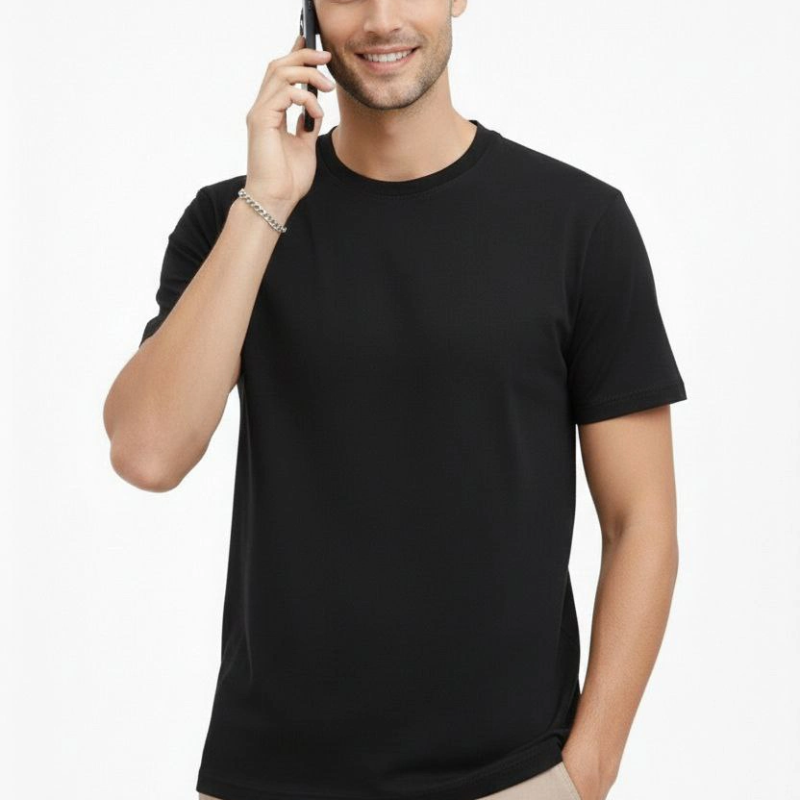 Erkek Bisiklet Yaka Yazlık Kısa kol Düz Tişört Regular Kalıp T-shirt - Siyah