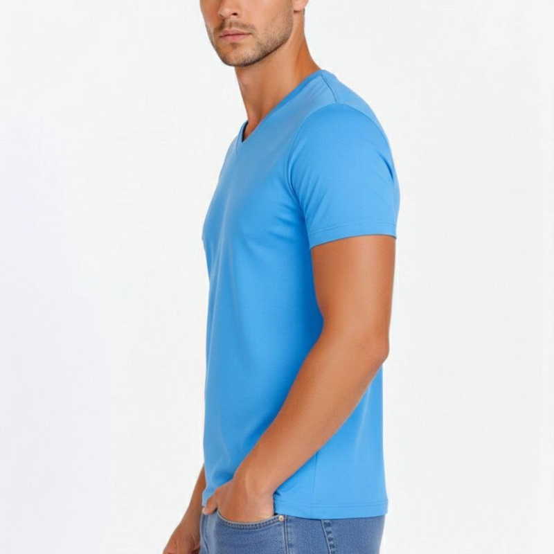 Erkek Body T-shirt V Yaka Slim Fit Likralı Kısa kol Tişört - Açık Mavi