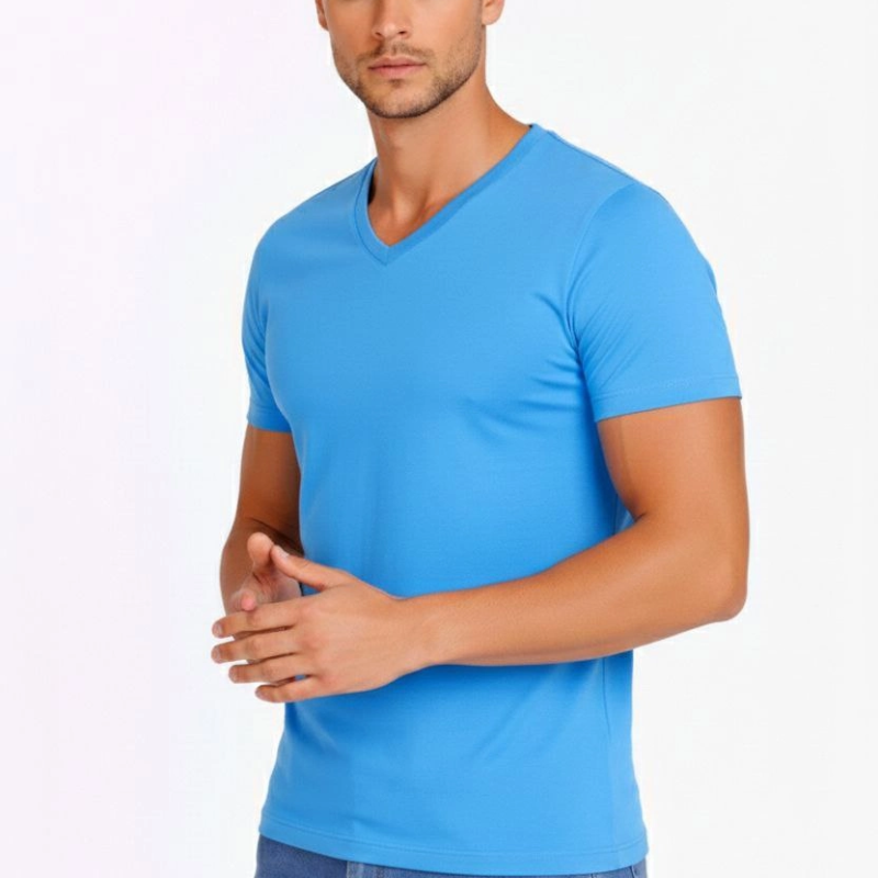 Erkek Body T-shirt V Yaka Slim Fit Likralı Kısa kol Tişört - Açık Mavi