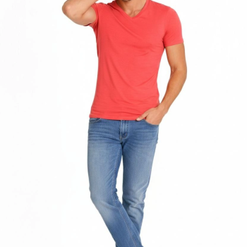 Erkek Body T-shirt V Yaka Slim Fit Likralı Kısa kol Tişört - Nar Çiçeği