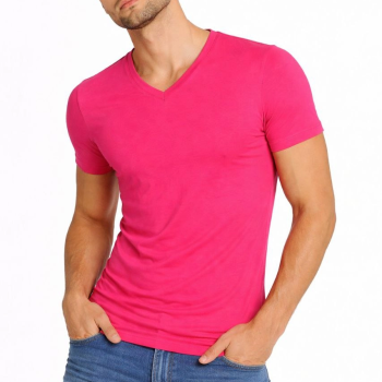Erkek Body T-shirt V Yaka Slim Fit Likralı Kısa kol Tişört - Pembe
