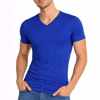 Erkek Body T-shirt V Yaka Slim Fit Likralı Kısa kol Tişört - Saks Mavisi