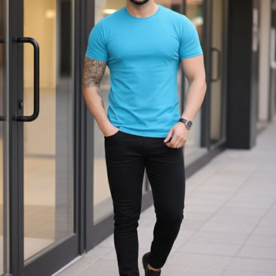 Erkek Body Tişört Bisiklet Yaka Slim Fit Likralı T-Shirt - Açık Mavi
