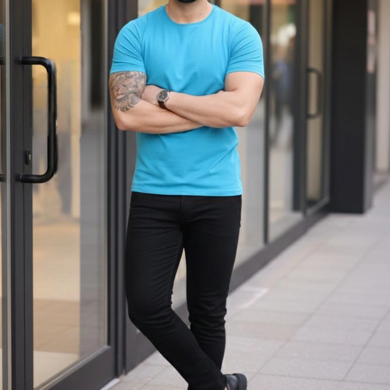 Erkek Body Tişört Bisiklet Yaka Slim Fit Likralı T-Shirt - Açık Mavi