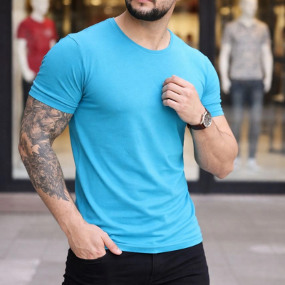 Erkek Body Tişört Bisiklet Yaka Slim Fit Likralı T-Shirt - Açık Mavi