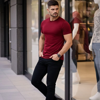 Erkek Body Tişört Bisiklet Yaka Slim Fit Likralı T-Shirt - Bordo