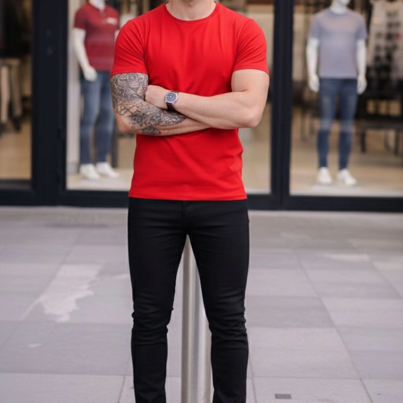 Erkek Body Tişört Bisiklet Yaka Slim Fit Likralı T-Shirt -  Kırmızı