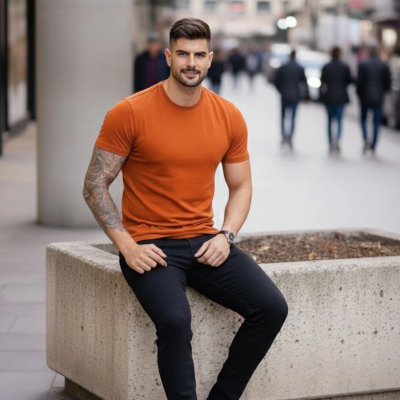 Erkek Body Tişört Bisiklet Yaka Slim Fit Likralı T-Shirt - Koyu Turuncu