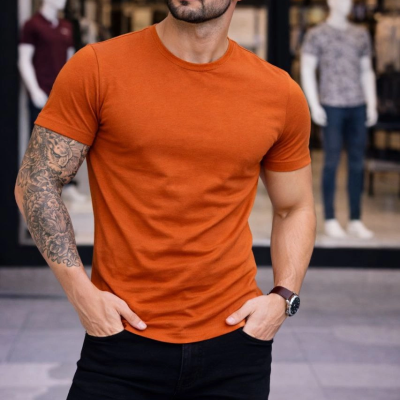 Erkek Body Tişört Bisiklet Yaka Slim Fit Likralı T-Shirt - Koyu Turuncu