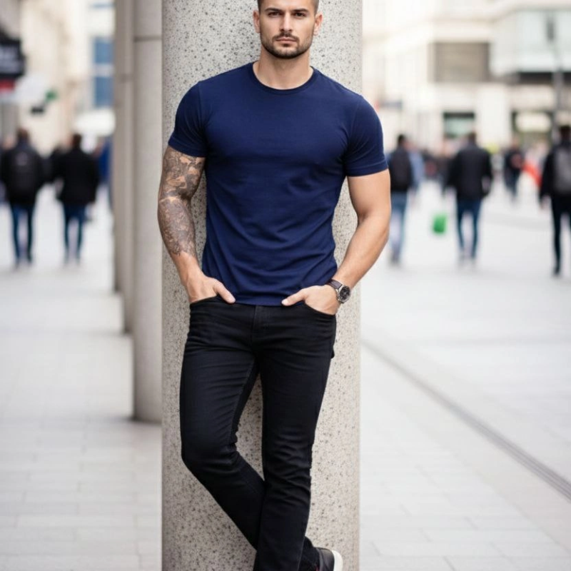 Erkek Body Tişört Bisiklet Yaka Slim Fit Likralı T-Shirt - Lacivert