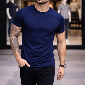 Erkek Body Tişört Bisiklet Yaka Slim Fit Likralı T-Shirt - Lacivert