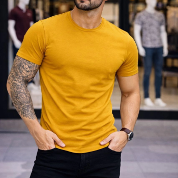 Erkek Body Tişört Bisiklet Yaka Slim Fit Likralı T-Shirt - Limon