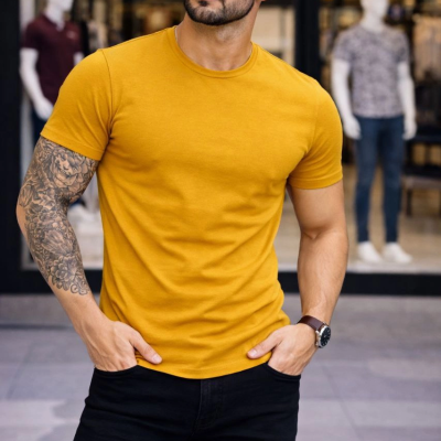 Erkek Body Tişört Bisiklet Yaka Slim Fit Likralı T-Shirt - Limon