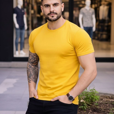 Erkek Body Tişört Bisiklet Yaka Slim Fit Likralı T-Shirt - Sarı