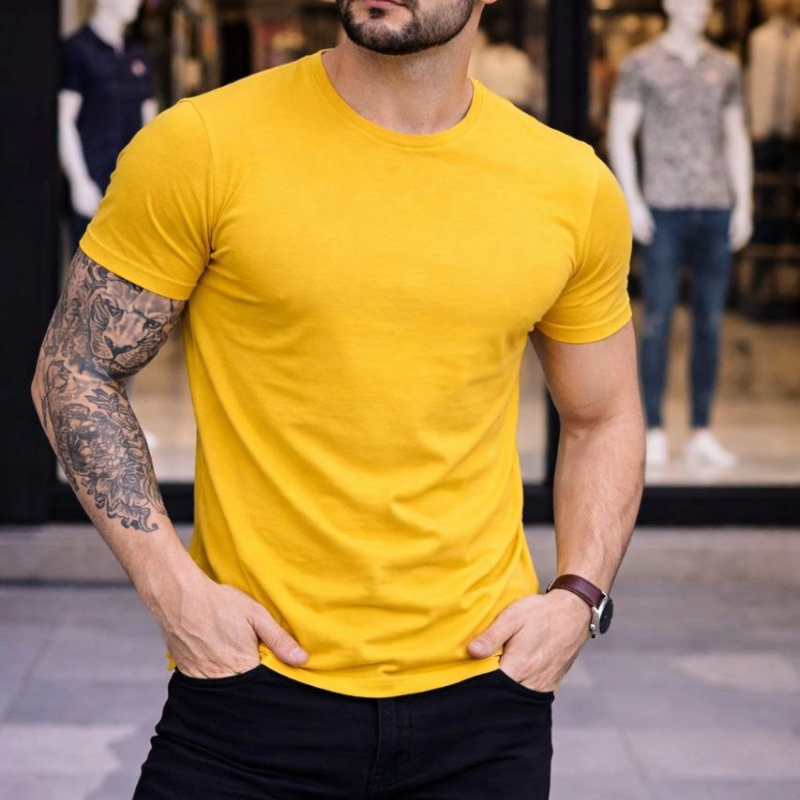 Erkek Body Tişört Bisiklet Yaka Slim Fit Likralı T-Shirt - Sarı