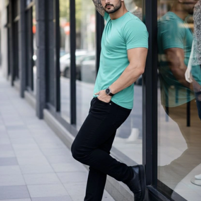 Erkek Body Tişört Bisiklet Yaka Slim Fit Likralı T-Shirt - Turkuvaz