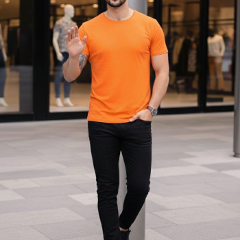 Erkek Body Tişört Bisiklet Yaka Slim Fit Likralı T-Shirt - Turuncu