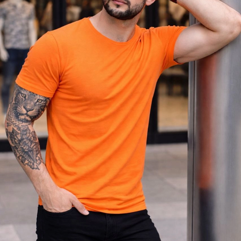 Erkek Body Tişört Bisiklet Yaka Slim Fit Likralı T-Shirt - Turuncu