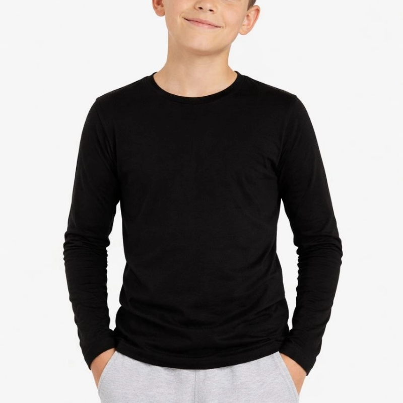 Erkek Çocuk Basic Uzun Kollu Tişört Okul Günlük Rahat T-Shirt - Siyah