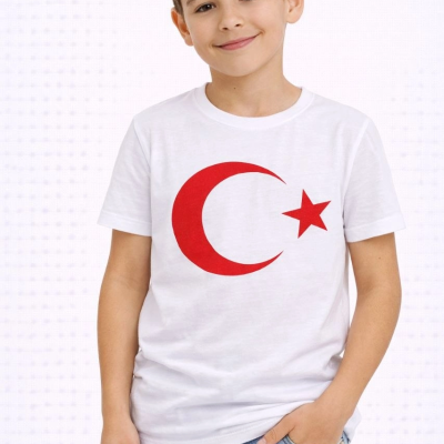 Erkek Çocuk Tişört Bisiklet Yaka Ay Yıldız Bayrak Baskılı T-Shirt - Beyaz