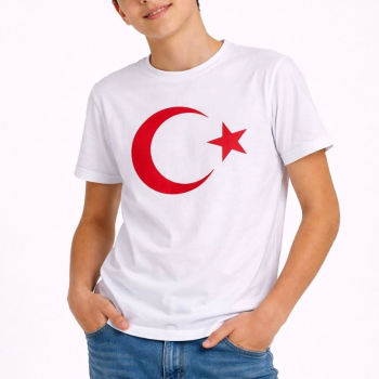Erkek Çocuk Tişört Bisiklet Yaka Ay Yıldız Bayrak Baskılı T-Shirt - Beyaz
