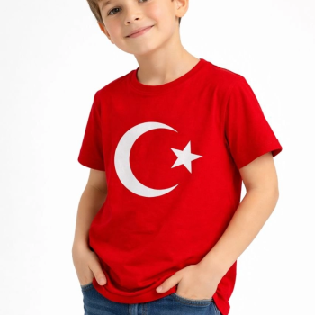 Erkek Çocuk Tişört Bisiklet Yaka Ay Yıldız Bayrak Baskılı T-Shirt - Kırmızı