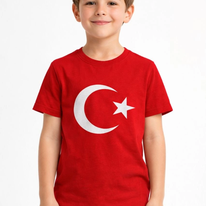 Erkek Çocuk Tişört Bisiklet Yaka Ay Yıldız Bayrak Baskılı T-Shirt - Kırmızı