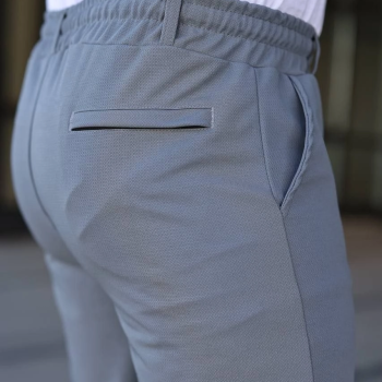 Erkek Diagonel Kumaş Duble Paça Cepli Bağcıklı Bel Lastikli ŞORT - Gri