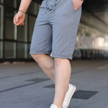 Erkek Diagonel Kumaş Duble Paça Cepli Bağcıklı Bel Lastikli ŞORT - Gri