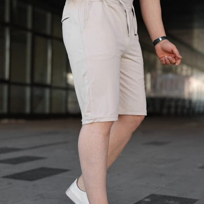 Erkek Diagonel Kumaş Duble Paça Cepli Bağcıklı Bel Lastikli ŞORT - Krem