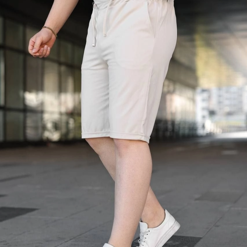 Erkek Diagonel Kumaş Duble Paça Cepli Bağcıklı Bel Lastikli ŞORT - Krem