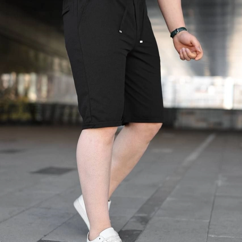 Erkek Diagonel Kumaş Duble Paça Cepli Bağcıklı Bel Lastikli ŞORT - Siyah