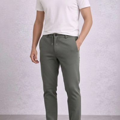 Erkek Diagonel Mikro dokulu Duble Paça Cepli Pantolon , Modern Kesim - Haki