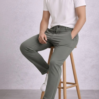 Erkek Diagonel Mikro dokulu Duble Paça Cepli Pantolon , Modern Kesim - Haki