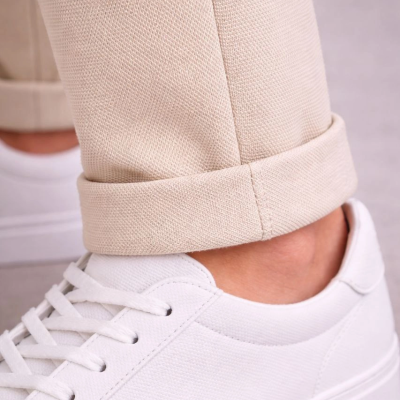 Erkek Diagonel Mikro dokulu Duble Paça Cepli Pantolon ,Modern Kesim - Krem