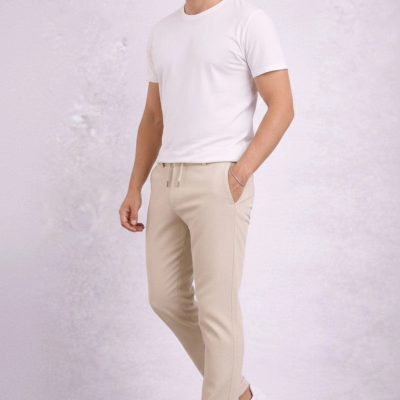 Erkek Diagonel Mikro dokulu Duble Paça Cepli Pantolon ,Modern Kesim - Krem