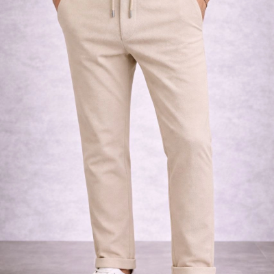 Erkek Diagonel Mikro dokulu Duble Paça Cepli Pantolon ,Modern Kesim - Krem