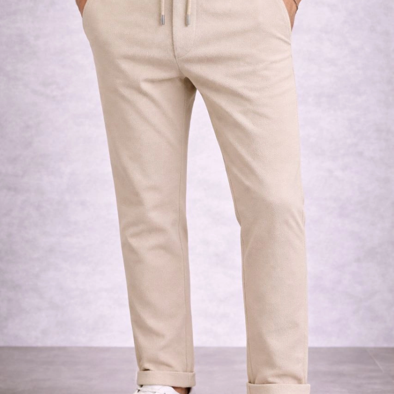 Erkek Diagonel Mikro dokulu Duble Paça Cepli Pantolon ,Modern Kesim - Krem