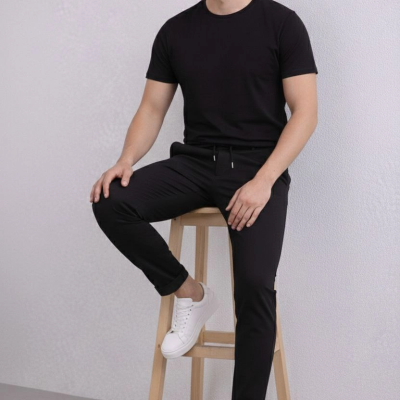 Erkek Diagonel Mikro dokulu Duble Paça Cepli Pantolon , Modern Kesim - Siyah