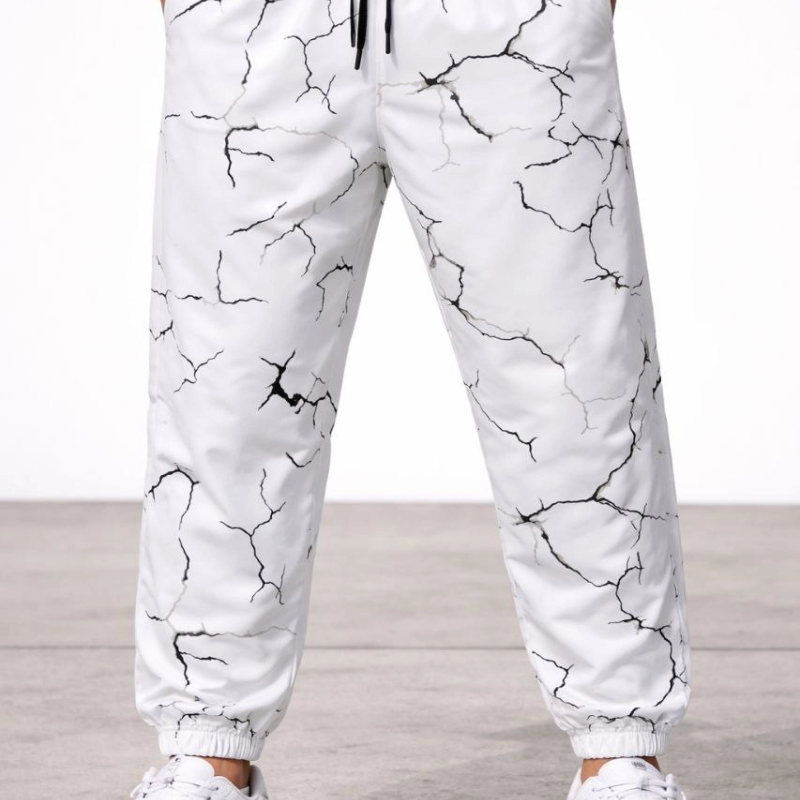 Erkek Dijital Baskılı Cepli Eşofman Alt Pantolon 3 İplik Pamuklu Lastik Paça - Beyaz